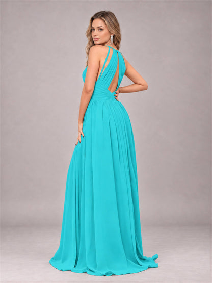 Turquoise Trendy V-Neck Spaghetti Straps Long Chiffon Bridesmaid Dress