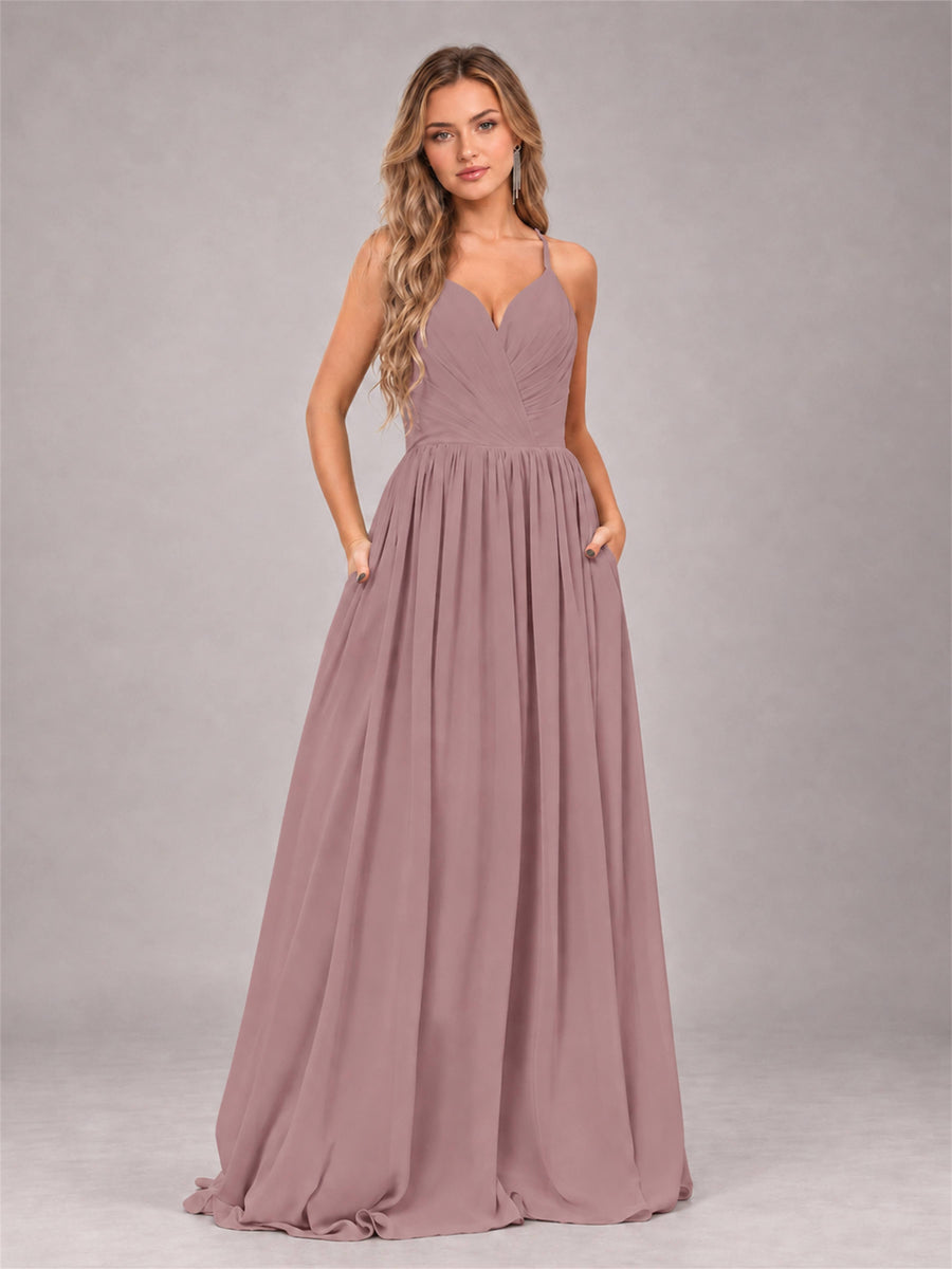 Vintage Mauve Trendy V-Neck Spaghetti Straps Long Chiffon Bridesmaid Dress