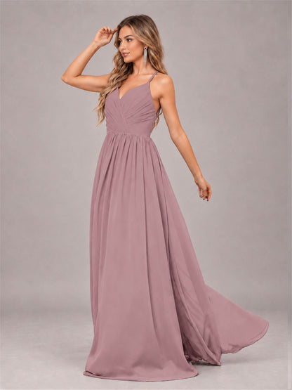 Vintage Mauve Trendy V-Neck Spaghetti Straps Long Chiffon Bridesmaid Dress