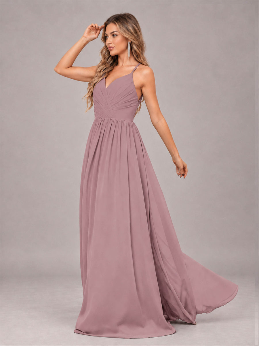 Vintage Mauve Trendy V-Neck Spaghetti Straps Long Chiffon Bridesmaid Dress