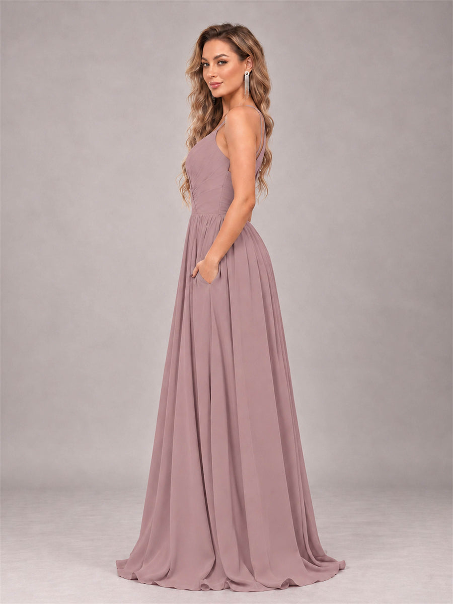 Vintage Mauve Trendy V-Neck Spaghetti Straps Long Chiffon Bridesmaid Dress