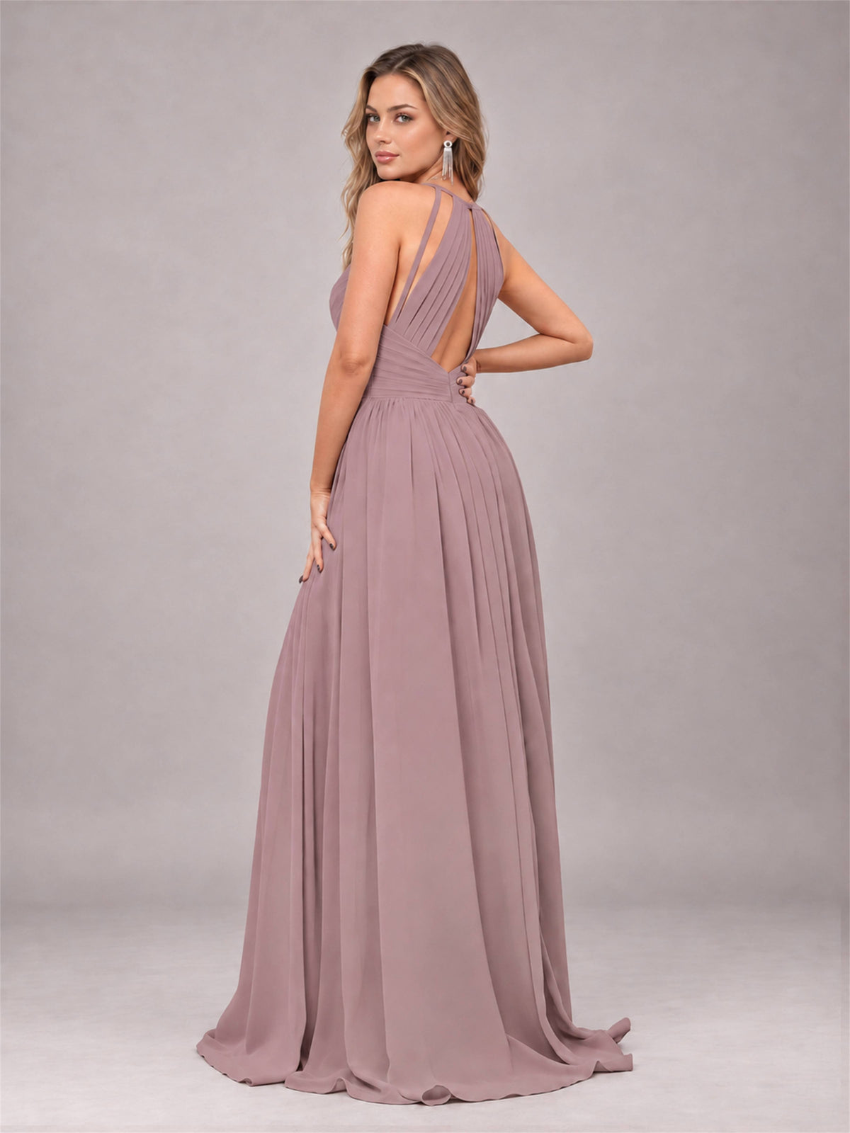 Vintage Mauve Trendy V-Neck Spaghetti Straps Long Chiffon Bridesmaid Dress