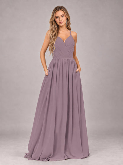 Wisteria Trendy V-Neck Spaghetti Straps Long Chiffon Bridesmaid Dress