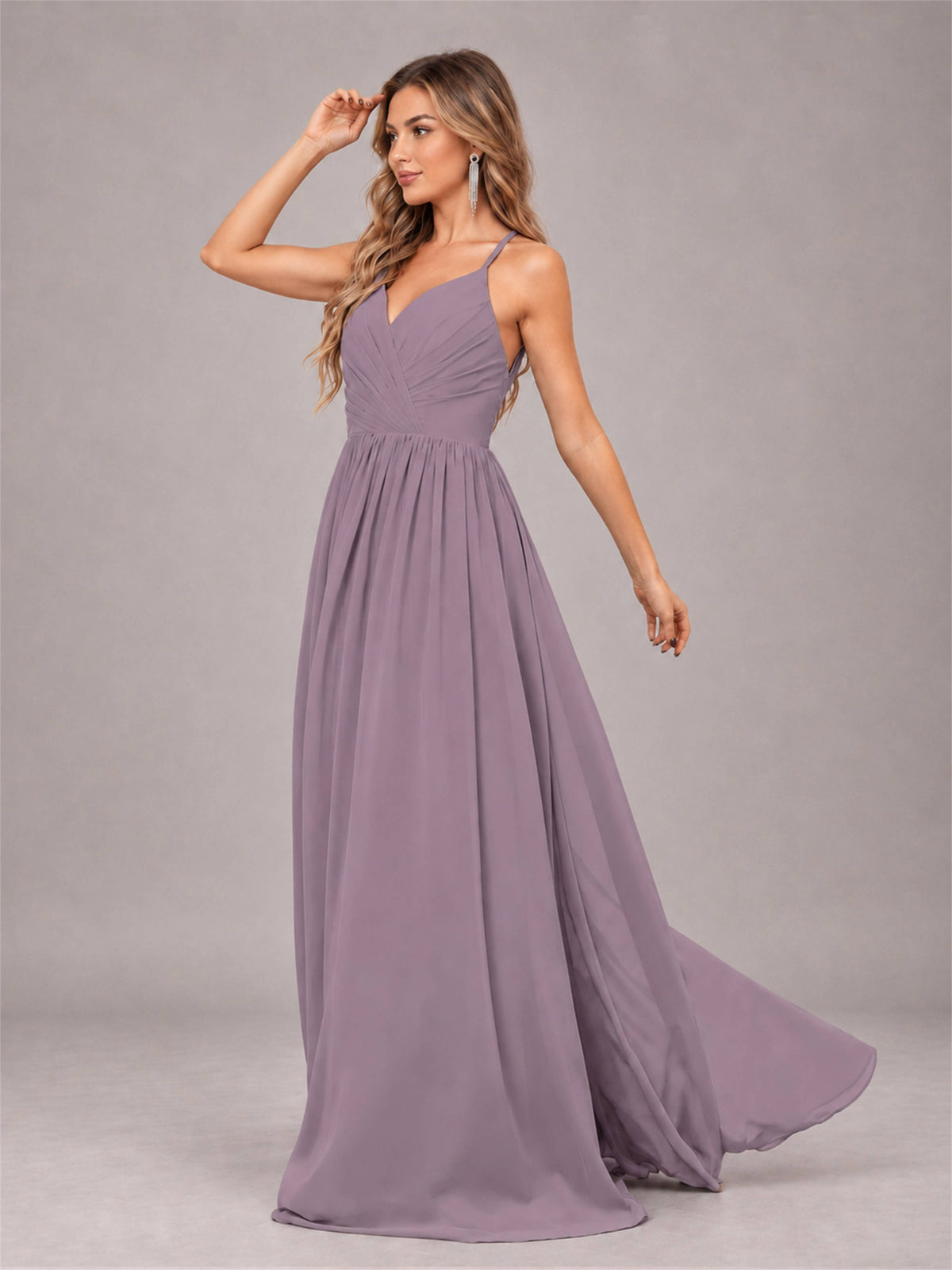 Wisteria Trendy V-Neck Spaghetti Straps Long Chiffon Bridesmaid Dress