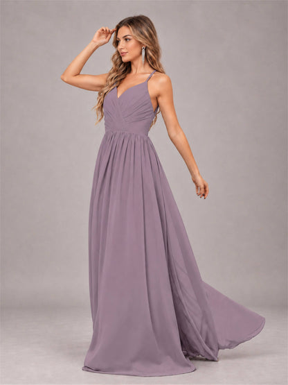 Wisteria Trendy V-Neck Spaghetti Straps Long Chiffon Bridesmaid Dress
