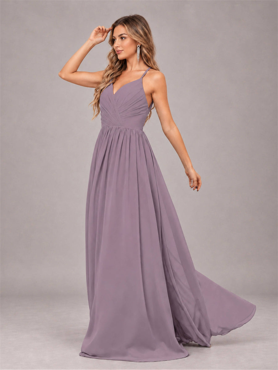 Wisteria Trendy V-Neck Spaghetti Straps Long Chiffon Bridesmaid Dress