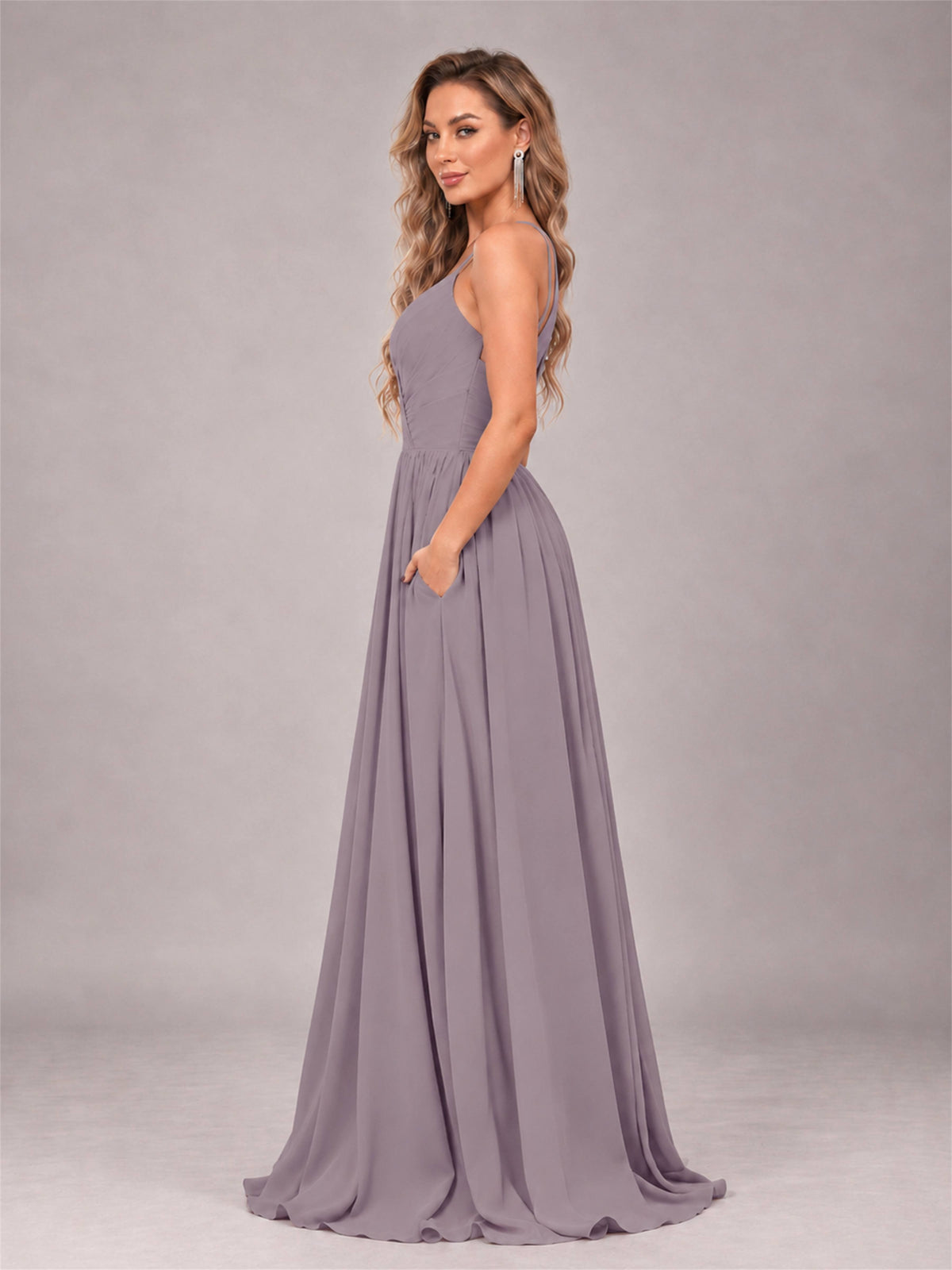 Wisteria Trendy V-Neck Spaghetti Straps Long Chiffon Bridesmaid Dress