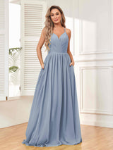 Trendy V-Neck Spaghetti Straps Long Chiffon Bridesmaid Dresses