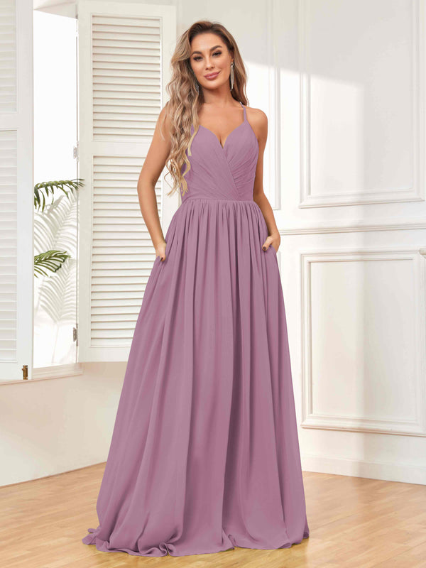 Dusty Purple Trendy V-Neck Spaghetti Straps Long Chiffon Bridesmaid Dresses