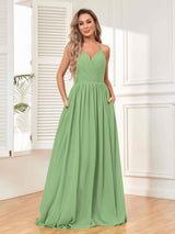 Trendy V-Neck Spaghetti Straps Long Chiffon Bridesmaid Dresses