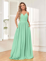 Trendy V-Neck Spaghetti Straps Long Chiffon Bridesmaid Dresses