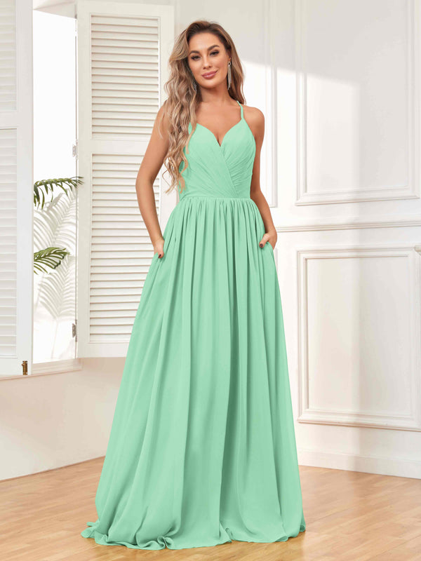 Mint Green Trendy V-Neck Spaghetti Straps Long Chiffon Bridesmaid Dresses