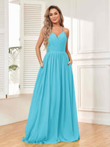 Trendy V-Neck Spaghetti Straps Long Chiffon Bridesmaid Dresses