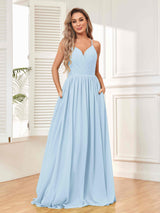 Trendy V-Neck Spaghetti Straps Long Chiffon Bridesmaid Dresses