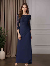 Trumpet/Mermaid Off-The-Shoulder 3/4 Length Sleeves Floor-Length Mother of the Bride Dresses with Pleated & Lace Appliques