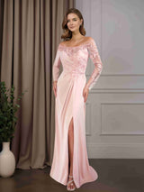 Trumpet/Mermaid Off-The-Shoulder Long Sleeves Floor-Length Mother of the Bride Dresses with Ruffles, Lace Appliques & Split Side