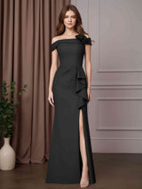 Trumpet/Mermaid Off-The-Shoulder Sleeveless Floor-Length Mother of the Bride Dresses with Ruffles,3D Flowers & Split Side