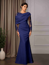 Trumpet/Mermaid One-Shoulder Long Sleeves Floor-Length Mother of the Bride Dresses with Ruffles & Lace Appliques