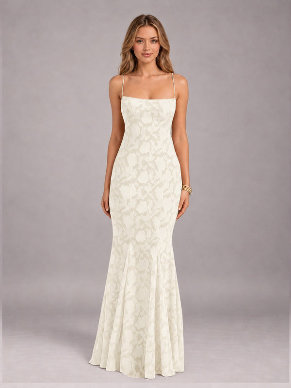 Ivory Trumpet/Mermaid Spaghetti Strap Sleeveless Floral Lace Floor-Length Bridesmaid Dress