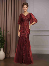 Trumpet/Mermaid V-Neck Half Sleeves Floor-Length Sequin Mother of the Bride Dresses