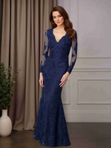 Trumpet/Mermaid V-Neck Long Sleeves Floor-Length Mother of the Bride Dresses with Lace Appliques