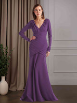 Trumpet/Mermaid V-Neck Long Sleeves Floor-Length Mother of the Bride Dresses with Pleats