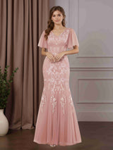 Trumpet/Mermaid V-Neck Short Sleeves Floor-Length Mother of the Bride Dresses with Appliques