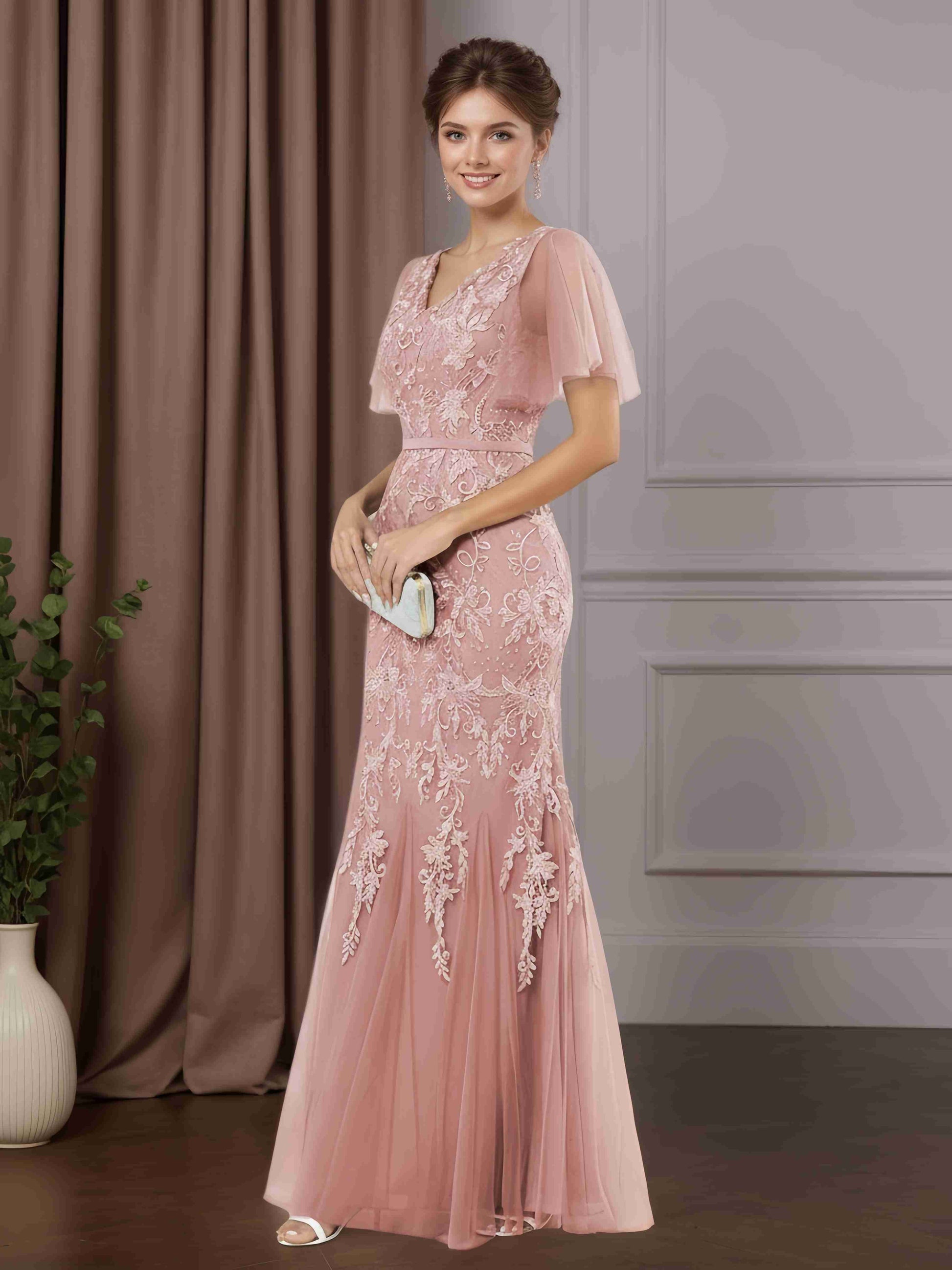 Trumpet/Mermaid V-Neck Short Sleeves Floor-Length Mother of the Bride – mollyevers.com