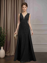 Trumpet/Mermaid V-Neck Sleeveless Floor-Length Mother of the Bride Dresses with Pleated & Overskirt