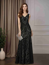 Trumpet/Mermaid V-Neck Sleeveless Floor-Length Mother of the Bride Dresses with Sequins