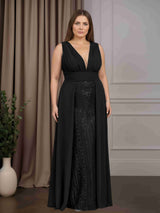 Trumpet/Mermaid V-Neck Sleeveless Floor-Length Plus Size Mother of the Bride Dresses with Pleated & Overskirt