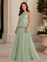 Two Piece Sleeveless Floral Tulle Floor-Length Wedding Guest Dress