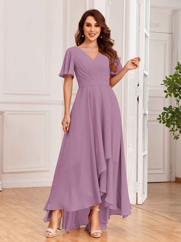 Dusty Purple Upscale Ruffles Sleeves Lace Up Back Chiffon Bridesmaid Dresses