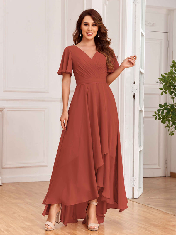 Rust Upscale Ruffles Sleeves Lace Up Back Chiffon Bridesmaid Dresses