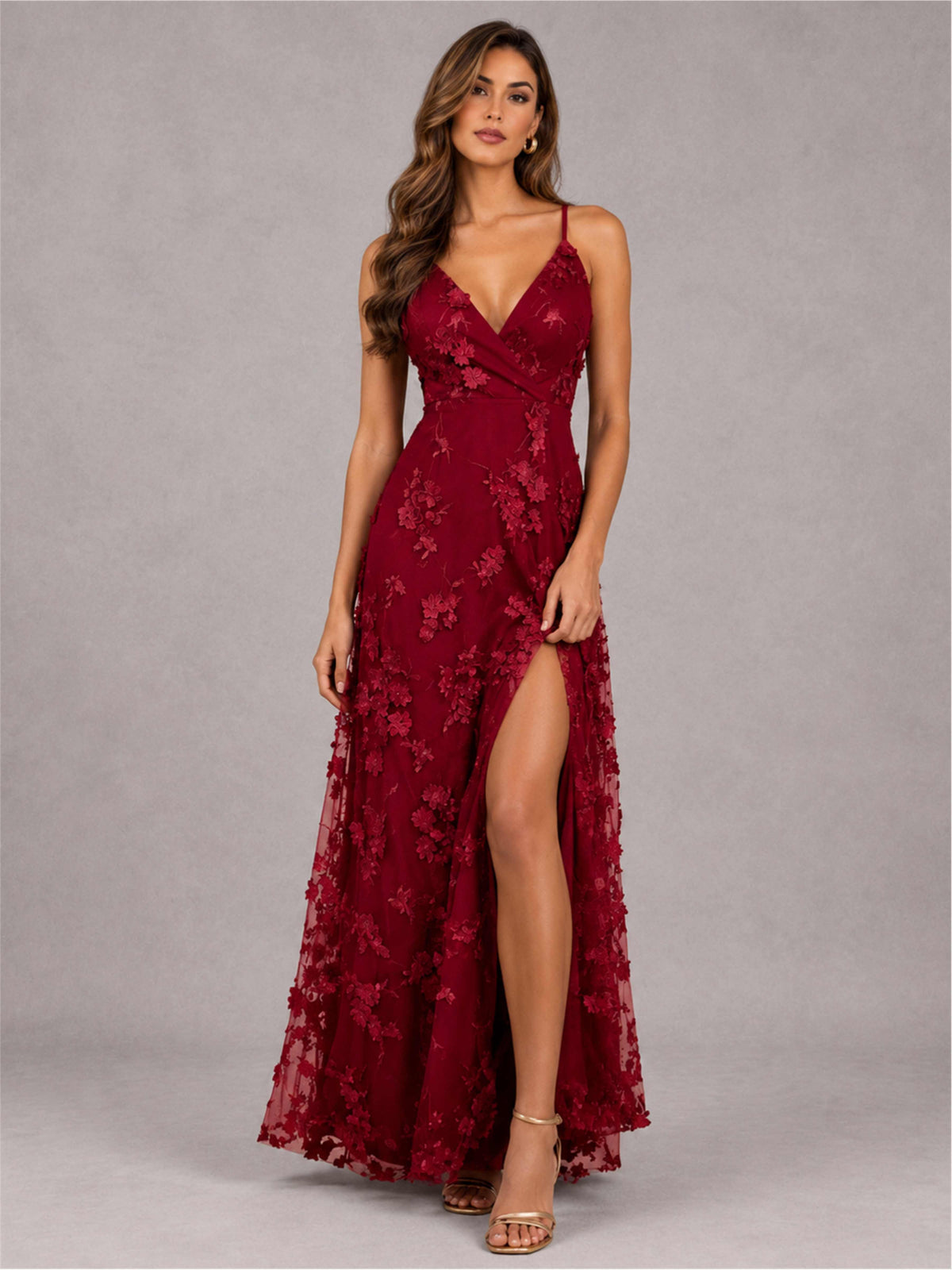 Burgundy V-Neck A-Line Lace Appliques Sleeveless Wedding Guest Dress with Split Side