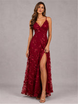 V-Neck A-Line Lace Appliques Sleeveless Wedding Guest Dress with Split Side