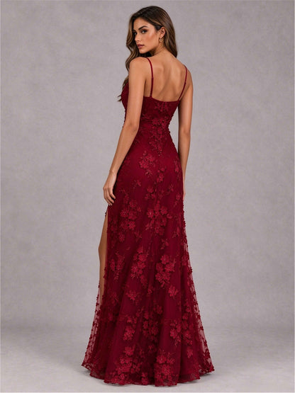 Burgundy V-Neck A-Line Lace Appliques Sleeveless Wedding Guest Dress with Split Side