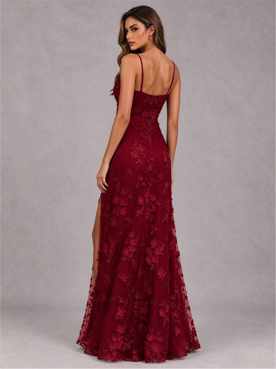 Burgundy V-Neck A-Line Lace Appliques Sleeveless Wedding Guest Dress with Split Side