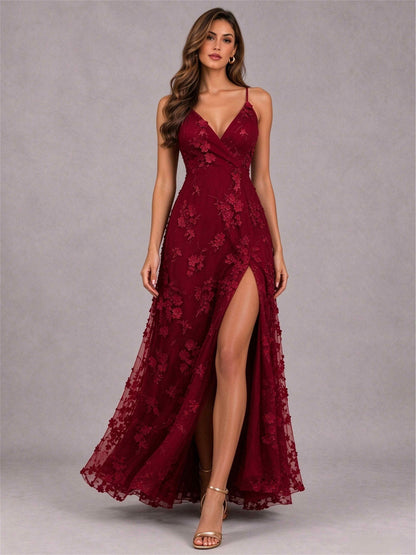 Burgundy V-Neck A-Line Lace Appliques Sleeveless Wedding Guest Dress with Split Side