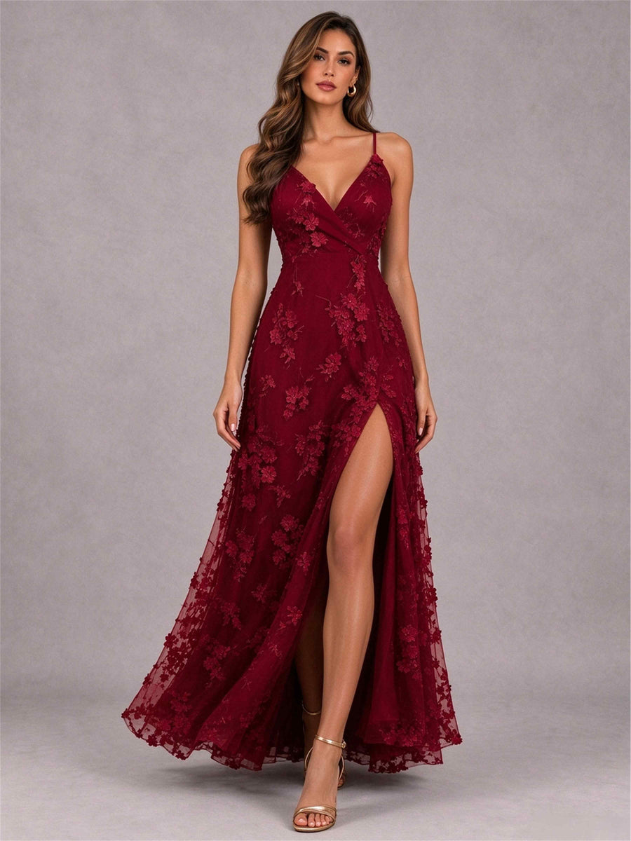Burgundy V-Neck A-Line Lace Appliques Sleeveless Wedding Guest Dress with Split Side