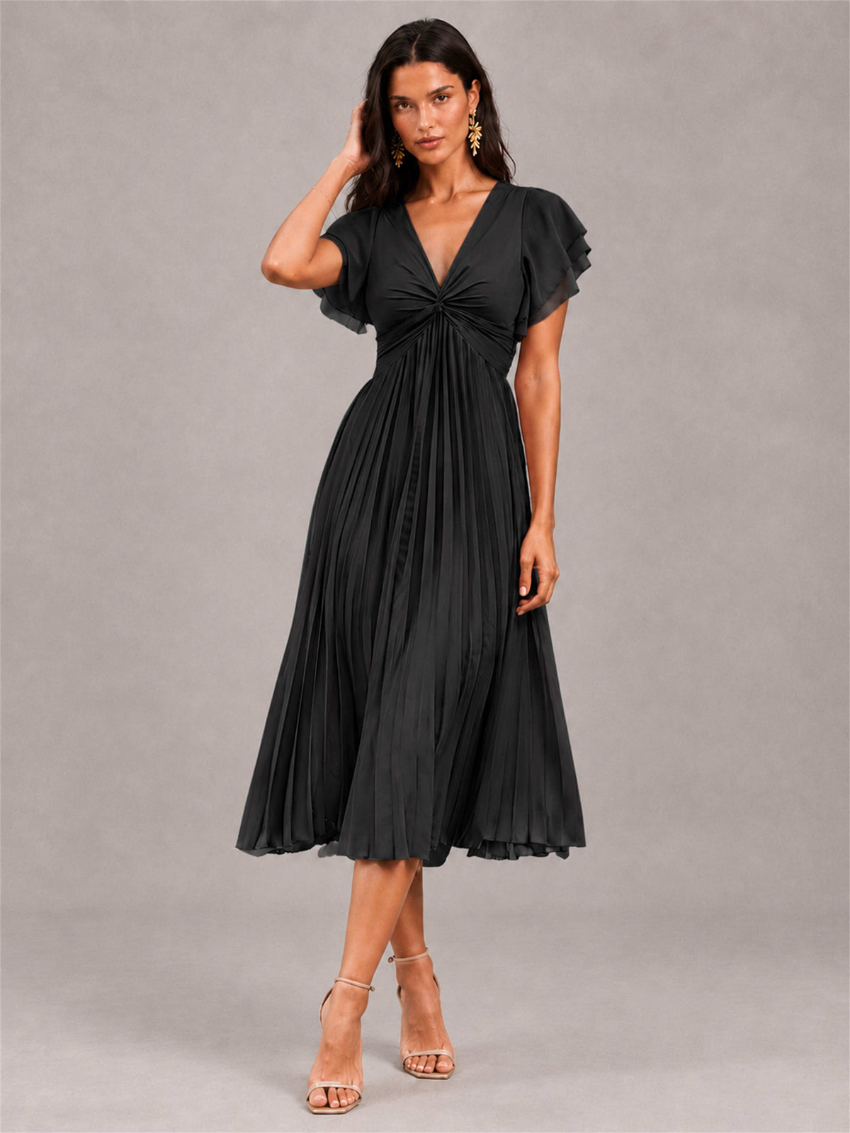V-Neck A-Line Pleated Chiffon Tea-Length Wedding Guest Dress with Flutter Sleeves