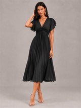V-Neck A-Line Pleated Chiffon Tea-Length Wedding Guest Dress with Flutter Sleeves