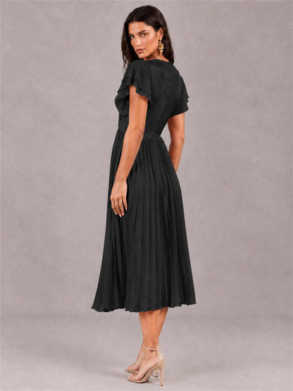 V-Neck A-Line Pleated Chiffon Tea-Length Wedding Guest Dress with Flutter Sleeves