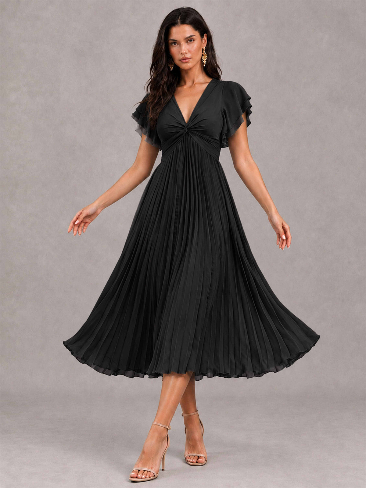 V-Neck A-Line Pleated Chiffon Tea-Length Wedding Guest Dress with Flutter Sleeves