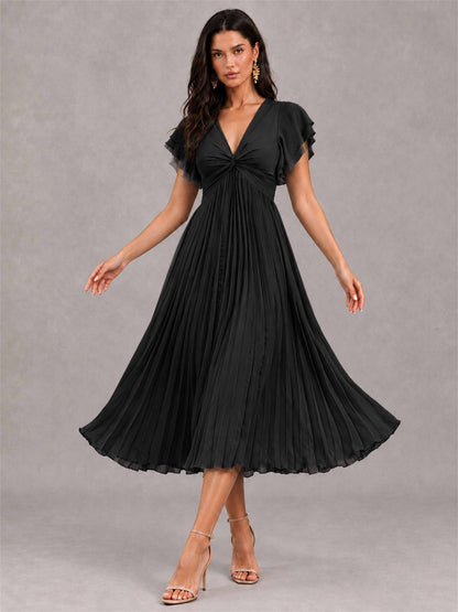 V-Neck A-Line Pleated Chiffon Tea-Length Wedding Guest Dress with Flutter Sleeves