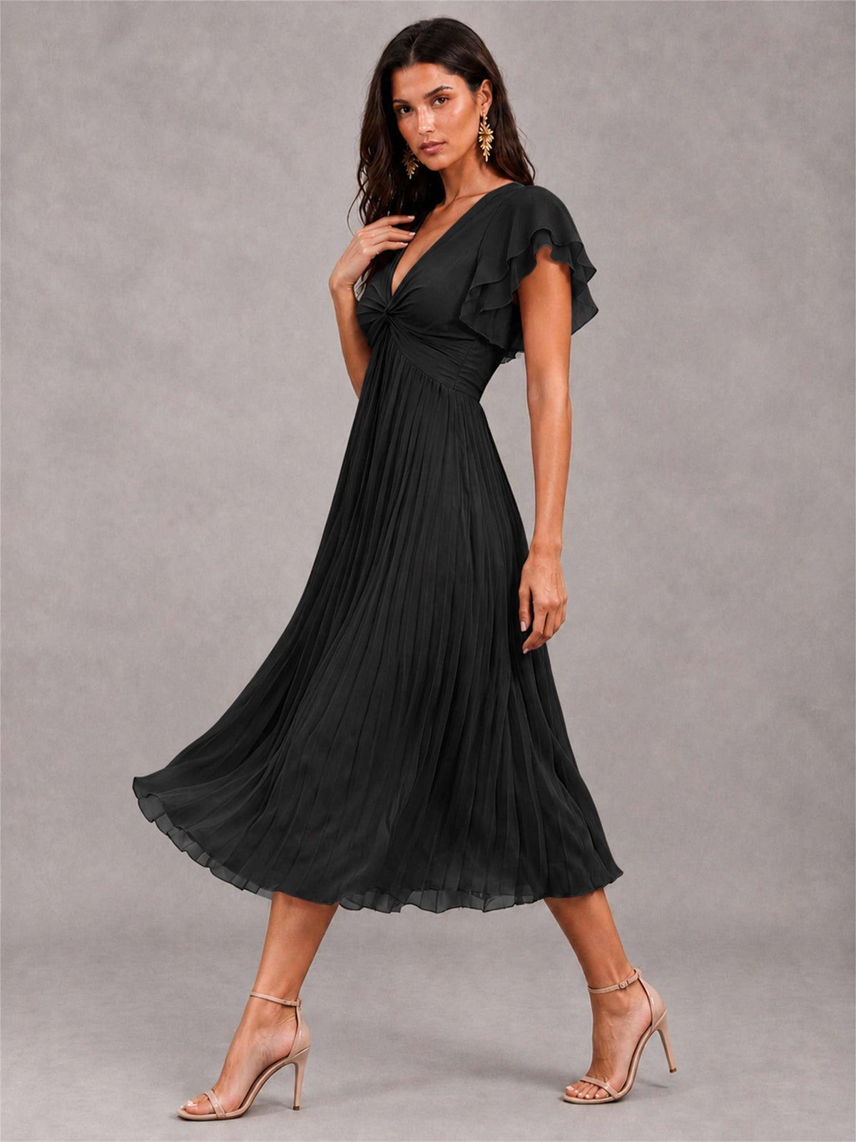 V-Neck A-Line Pleated Chiffon Tea-Length Wedding Guest Dress with Flutter Sleeves