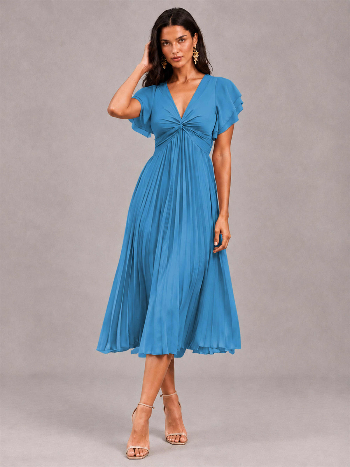V-Neck A-Line Pleated Chiffon Tea-Length Wedding Guest Dress with Flutter Sleeves