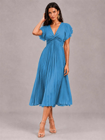 V-Neck A-Line Pleated Chiffon Tea-Length Wedding Guest Dress with Flutter Sleeves