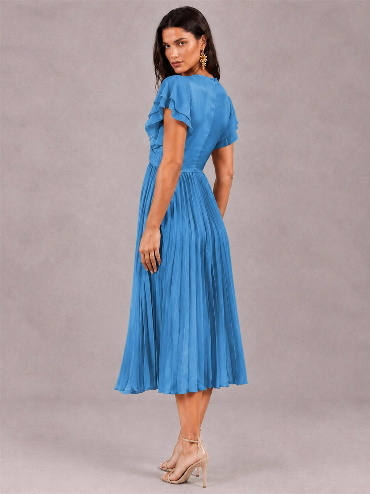V-Neck A-Line Pleated Chiffon Tea-Length Wedding Guest Dress with Flutter Sleeves