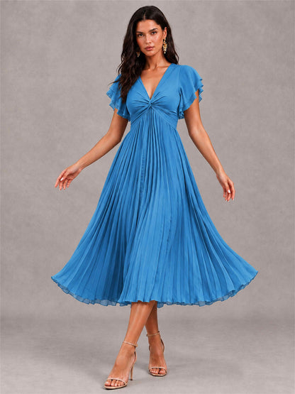 V-Neck A-Line Pleated Chiffon Tea-Length Wedding Guest Dress with Flutter Sleeves